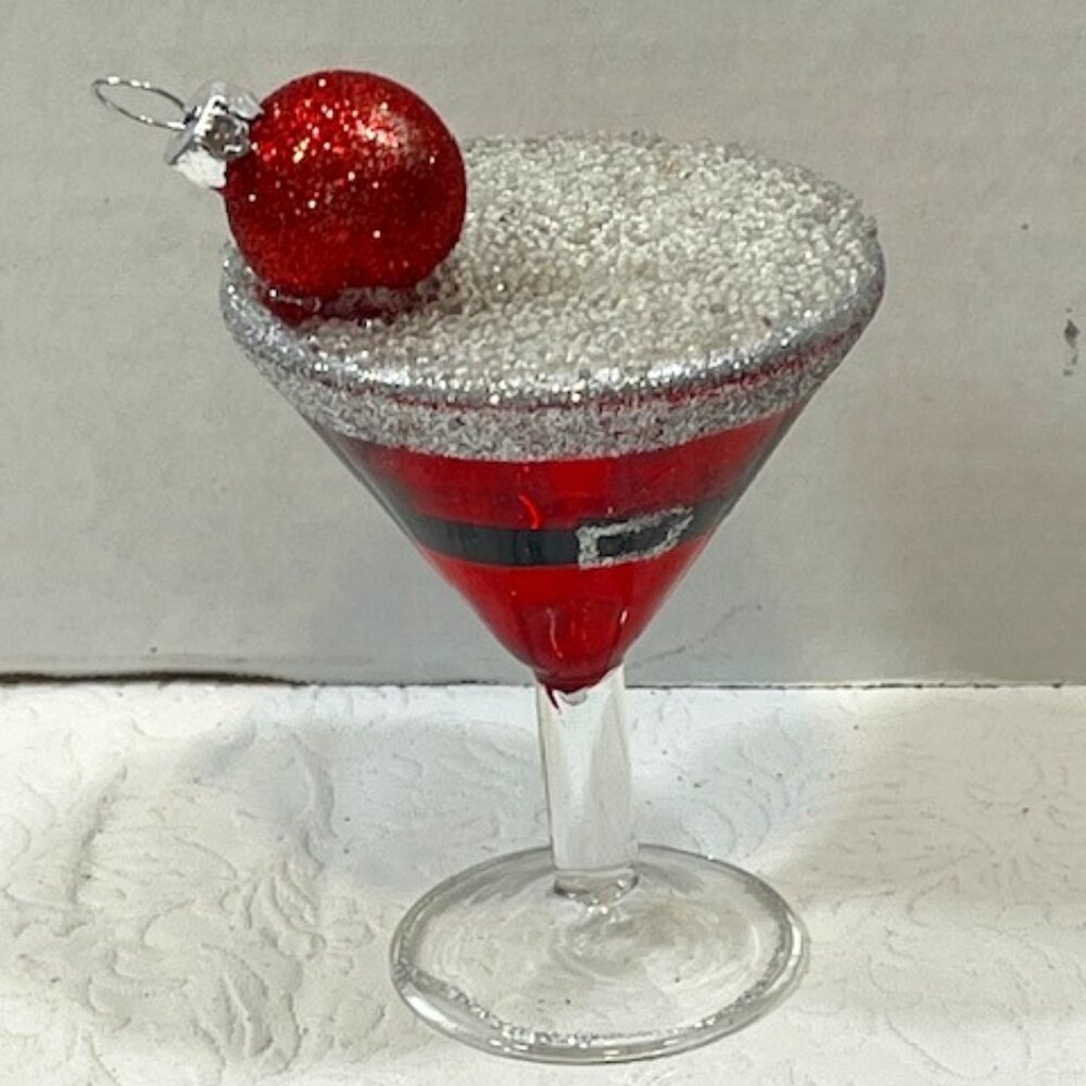 VTG Christmas Martini Glitter Glass/Plastic Ornament w/Red Bulb on Top 4.5" Tall